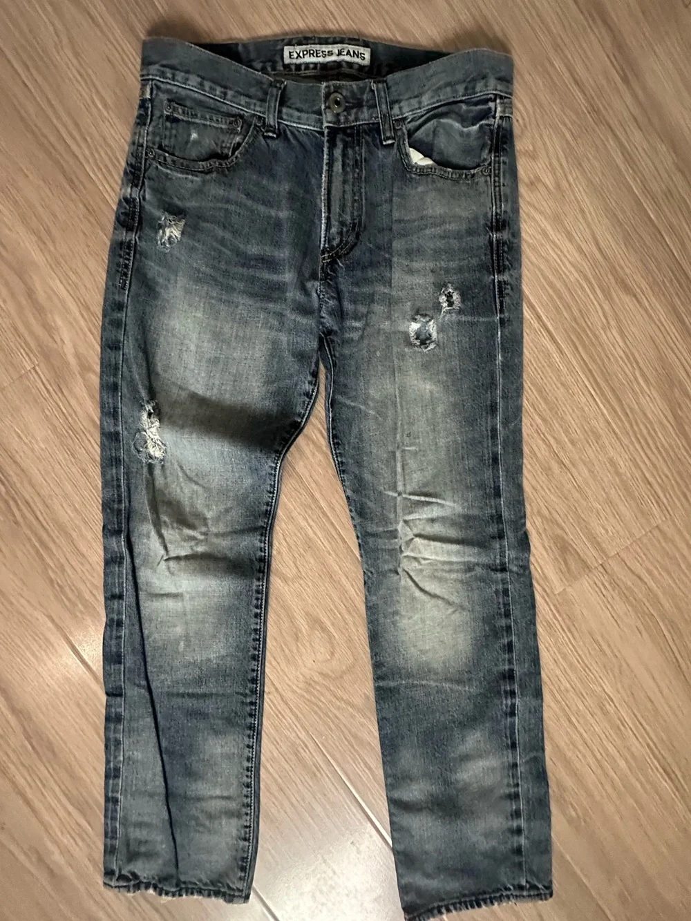 Express Men’s Straight Leg Distressed Jeans — Faded Blue